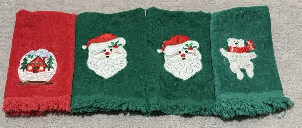 Vintage Christmas Hand Towel Set of 4 Fringe Green Red Santa Cecil Saydah